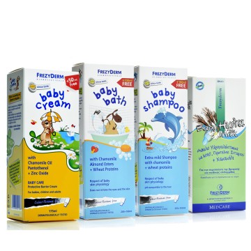 Pacchetto offerta Frezyderm 4 pezzi - Crema per bambini, bagnetto, shampoo per bambini, latte Hydra
