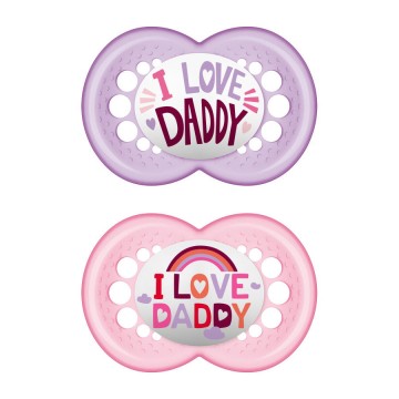 Mam Silikon-Schnuller „I Love Daddy“ für 6–16 Monate, 2 Stück, Rosa/Lila