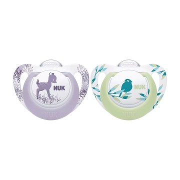 Nuk Genius Color Silicone Pacifiers Purple with Fawn and Green with Bird for 0-6 months 2pcs