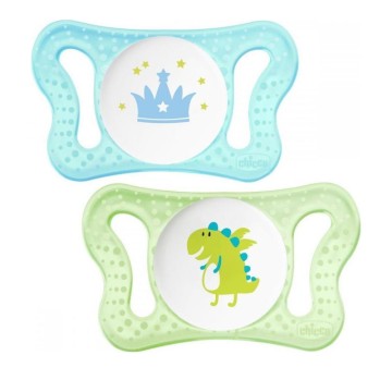 Chicco Physio Micro Silicone Sucette Prince Dinosaure 0-2m Bleu/Vert 2pcs
