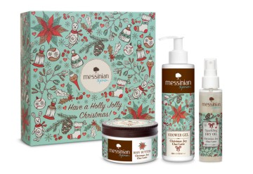 Messinian Spa Christmas Joy – Chai-Latte-Box, Körperbutter 250 ml, funkelndes Trockenöl 100 ml und Duschgel 300 ml