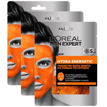 L’Oreal Paris Promo Men Expert Hydra Energetische Gesichtsmaske für Feuchtigkeit, 3 x 30 g