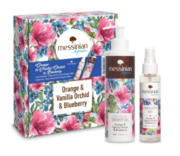 Messinian Spa Promo Brume pour cheveux et corps orange, vanille, orchidée et myrtille, 100 ml et gel douche, 300 ml