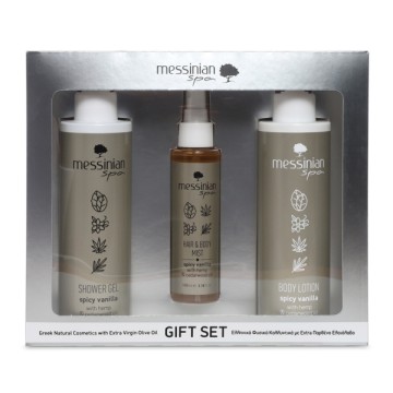 Messinian Spa Promo Gel Douche Vanille Épicée 300ml & Lait Corporel 300ml & Brume Cheveux et Corps 100ml