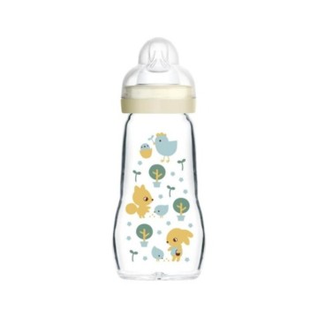 Стъклена бебешка бутилка Mam Feel Good със силиконов биберон Бяла 2+ M, 260 мл