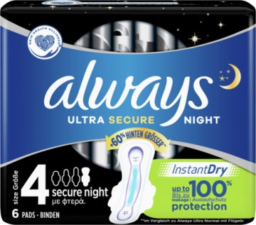 Serviettes Always Ultra Secure Night (taille 4) avec plumes 6pcs