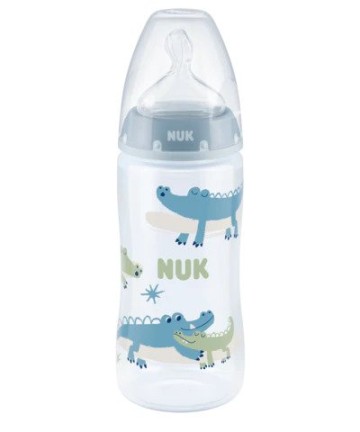 Nuk First Choice Plus Biberon en Plastique avec Contrôle de la Température, Tétine en Silicone 6-18m Bleu avec Crocodiles 300ml