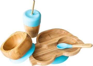 Eco Rascals Bamboo Set Car Blue Plate, Straw Cup, Bowl & Spoon