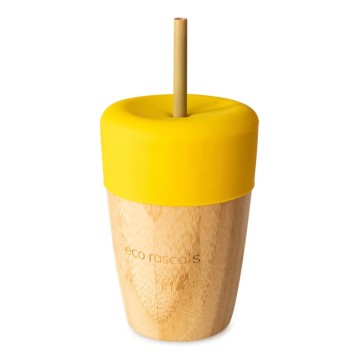 Жълта бамбукова чаша Eco Rascals с подаващо устройство за сламки и 2 бамбукови сламки