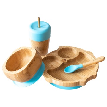 Eco Rascals Bamboo Set gufo piatto blu, tazza di cannuccia, ciotola e cucchiaio