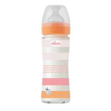 Chicco Γυάλινο Μπιμπερό Πορτοκαλί με Ροζ με Θηλή Σιλικόνης 0m+, 240ml