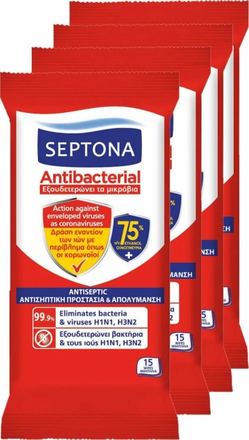 Septona Antibacterial Υγρά Μαντηλάκια 75% 4 x 15τμχ Septona Antibacterial Υγρά Μαντηλάκια 75% 4 x 15τμχ