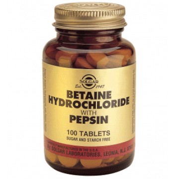 Solgar Chlorhydrate de bétaïne avec ballonnements à la pepsine - Indigestion 100 comprimés