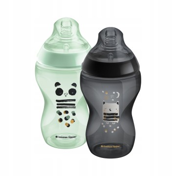 Tommee Tippee Closer to Nature Babyflasche mit mittlerem Durchfluss, 340 ml, mit Pip the Panda & Ollie the Owl Muster (2 Stück), ab 3 Monaten