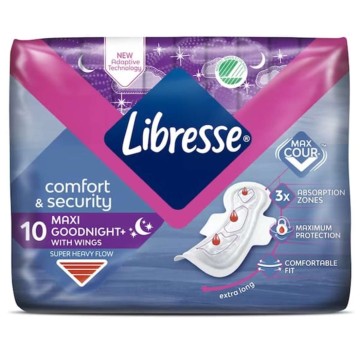 Libresse Comfort & Security Maxi Goodnight+ me krahë me rrjedhje shumë të lartë, 10 copë