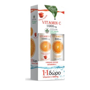 Power Health 1+1 Vitamin C Apple Flavor με Στέβια 1000mg 24 Αναβρ.Δισκία & ΔΩΡΟ Vitamin C 500mg 20 Αναβρ.Δισκία