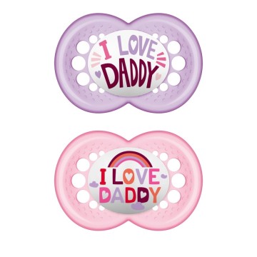 Ортодонтические силиконовые пустышки Mam на возраст от 16 месяцев I Love Daddy розовые/фиолетовые 2 шт.