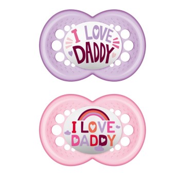 Mam ciucci ortodontici in silicone per 16+ mesi I Love Daddy rosa/viola 2 pezzi