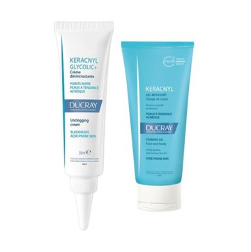 Ducray Promo Keracnyl gel detergente viso/corpo per pelli grasse 40 ml e crema Keracnyl Glycolic+ 30 ml