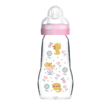 Mam Feel Good Glass Bottle for 2+ months Pink Kittens 260ml