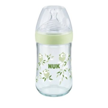 Nuk Nature Sense Температурен контрол Стъклена бебешка бутилка със силиконов биберон M 0+ месеца Зелено със сови 240 ml