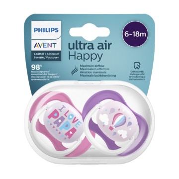 Ciuccio in silicone ortodontico Philips Avent Ultra Air Happy Papa Rosa/Viola 6-18 mesi, 2 pezzi