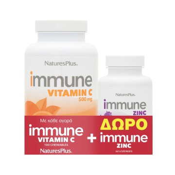 Natures Plus Vitamine C Immunitaire 500mg 100 Comprimés à Croquer & Gift Immun Zinc 60 Pastilles