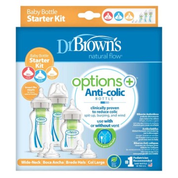 Dr Browns Promo Options+ Kompleti fillestar Shishe bebesh plastike me qafë të gjerë me thithka silikoni 0+