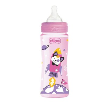 Пластмасова бебешка бутилка Chicco Well Being розова силиконова биберон 4 м+ 330 мл