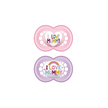 Mam ciucci ortodontici in silicone per 16+ mesi I Love Mummy rosa/viola 2 pezzi