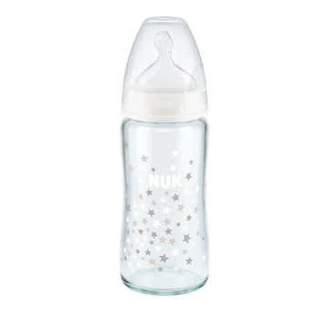 Nuk First Choice Plus Стъклена бебешка бутилка за контрол на температурата Силиконова биберон M за 0-6 месеца Бяла със звезди 240 мл