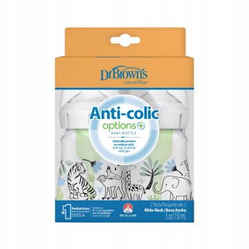 Dr. Browns Promo Natural Flow® Anti-Colic Options+™, Wide Neck Jungle Plastic Baby Bottle for 0m+, 2x150ml