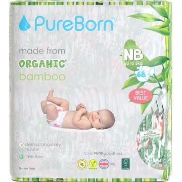 Подгузники PureBorn для новорожденных 5кг, 68 шт.