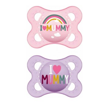 Mam Silikon-Schnuller „I Love Mommy“ für 2–6 Monate, 2 Stück, Rosa/Lila