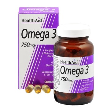 Health Aid Omega 3, 750 mg, bonne fonction cardiaque, contrôle du cholestérol, 60 gélules