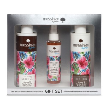 Messinian Spa Promo Gel Douche Orange & Vanille Orchidée & Myrtille 300ml & Lotion Corporelle 300ml & Brume Cheveux et Corps 100ml