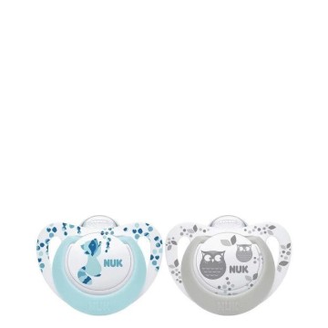 Nuk Genius Color Silicone Pacifiers Blue with Raccoon and Gray with Owl for 0-6 months 2pcs