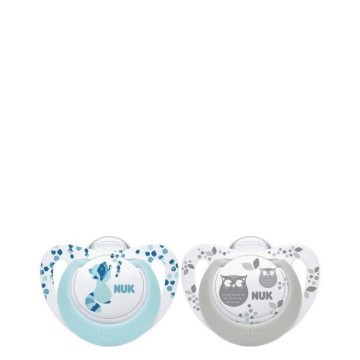 Nuk Genius Color Sucettes en silicone bleu avec raton laveur et gris avec hibou pour 0-6 mois 2pcs