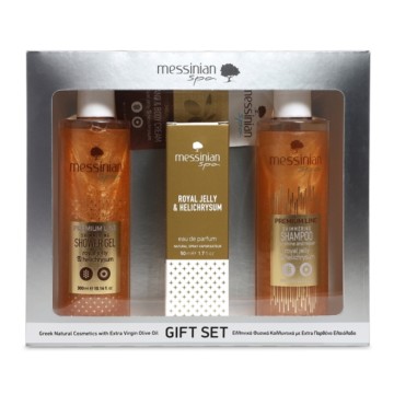 Messinian Spa Promo Xhel dushi Royal Jelly & Helichrysum 300ml & Shampo 300ml & Ujë Parfumi 50ml