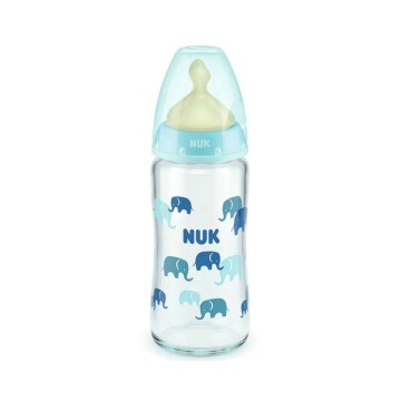 Nuk Glass Baby Bottle First Choice Plus Temperature Control Rubber Nipple M 0-6m Blue with Elephants 240ml