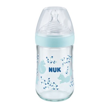 Nuk Nature Sense Контрол на температурата Стъклена бебешка бутилка Силиконова биберонка M 0+ месеца Blue Fox 240 ml