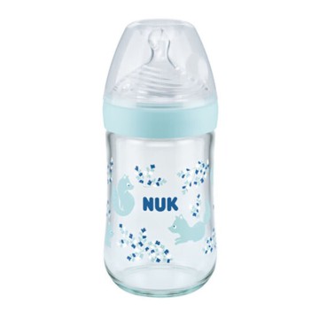 Nuk Nature Sense Kontrolli i temperaturës Shishe qelqi për bebe Thithat silikoni M 0+ muajsh Blue Fox 240ml