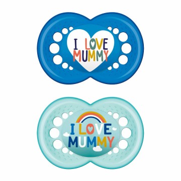 Mam ciucci ortodontici in silicone per 16+ mesi I Love Mummy turchese-blu 2 pezzi