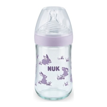 Nuk Nature Sense Biberon en verre avec contrôle de la température et tétine en silicone M 0+ mois Violet avec lapins 240 ml