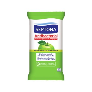 Lingettes antibactériennes pour les mains Septona au parfum de pomme verte 15 pièces