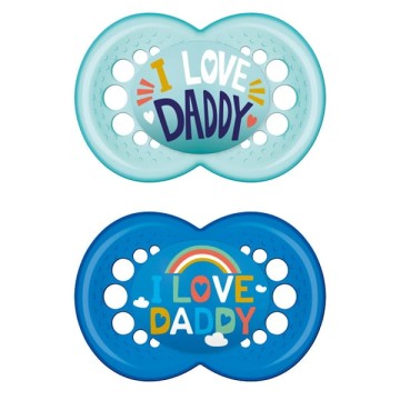 Пустышки Mam ортодонтические силиконовые для детей от 16 месяцев I Love Daddy бирюзовые/синие 2шт.
