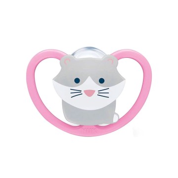 Nuk Space Silikon Schnuller Pink mit Katze für 0-6 Monate mit Etui 1St