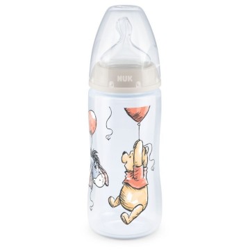Nuk First Choice Plus temperaturregulierende Kunststoff-Babyflasche, Silikonsauger M für 0–6 Monate, Grau, Winnie The Poof, 300 ml