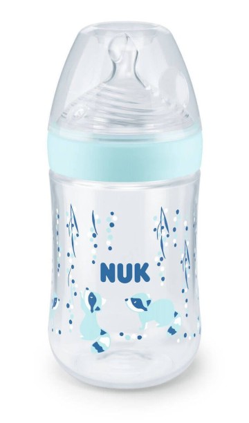 Nuk Nature Sense Biberon en plastique avec contrôle de la température et tétine en silicone M 6-18 mois Blue Raccoon 260 ml