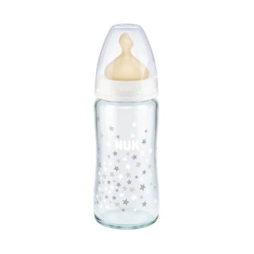 Nuk First Choice Plus Glass Baby Bottle التحكم في درجة الحرارة حلمة مطاطية مقاس 0-6 متر بيضاء مع نجوم 240 مل